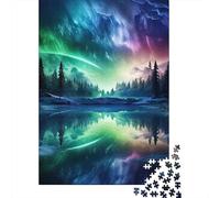 Northern Lights Lake Reflection 1000 Piece Jigsaw Puzzle Paper for Adults Night Sky Scenery Focus Relax Home Decor 38x26cm/1000pcs