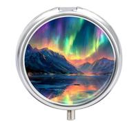 Northern Lights Mountains Reflection Round Pill Box Organiser 3 Compartment Medicine Case