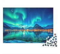 Northern Lights Night 1000 Pieces Jigsaw Puzzle for Adults & Children, Thick Cardboard, Non-Reflective Surface, Aurora over Lakeside Town, Educational Brain Teaser, Ideal Wall Art for Home 38x26cm/100
