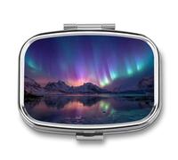 Northern Lights Over Islands Snow-Covered Mountains Pill Box 2 Compartment Portable Medicine Pill Case Travel Pill Organizer for Pocket Purse