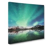 Northern Lights Over Skagsanden Beach Canvas Print | Gallery Wrapped 30mm Frame Wall Art | 14x14 inches | Ready to Hang | Abstract Seascape Picture | Living Room Bedroom Lounge Office