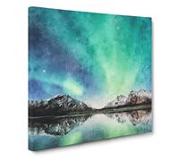 Northern Lights Over Skagsanden Beach Canvas Print | Gallery Wrapped 30mm Frame Wall Art | 14x14 inches | Ready to Hang | Abstract Seascape Picture | Living Room Bedroom Lounge Office