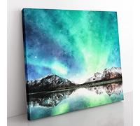 Northern Lights Over Skagsanden Beach Painting Modern Canvas Wall Art Print Ready to Hang, Framed Picture for Living Room Bedroom Home Office Décor, 35x35 cm (14x14 Inch)
