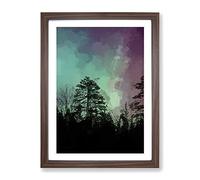 Northern Lights Over The Forest In Abstract Modern Framed Print | A4 Walnut Framed Wall Art | Ready to Hang | Abstract Landscape Picture | Living Room Bedroom Lounge Office