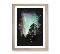 Northern Lights Over The Forest Paint Splash Modern Framed Wall Art Print, Ready to Hang Picture for Living Room Bedroom Home Office Décor, Oak A4 (34 x 25 cm)