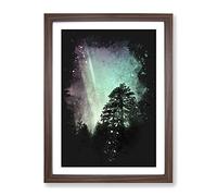 Northern Lights Over The Forest Paint Splash Modern Framed Wall Art Print, Ready to Hang Picture for Living Room Bedroom Home Office Décor, Walnut A3 (34 x 46 cm)