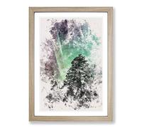 Northern Lights Over The Forest Watercolour Framed Print | A2 Oak Framed Wall Art | Ready to Hang | Modern Landscape Picture | Living Room Bedroom Lounge Office