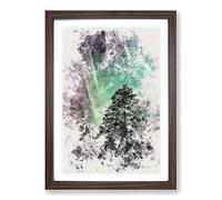 Northern Lights Over The Forest Watercolour Framed Print | A2 Walnut Framed Wall Art | Ready to Hang | Modern Landscape Picture | Living Room Bedroom Lounge Office