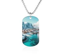 Northern Lights over The Lofoten Islands Norway Personalized Memorial Necklace Rectangle Pendant Great Gifts for Men Women 23.6in（60cm）
