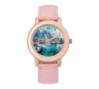Northern Lights Over The Lofoten Islands Norway Watch for Women Pink Leather Strap Ladies Watches Round Case Three-Hand Wrist Watch