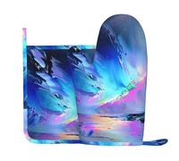 Northern Lights Painting Printed Silicone Oven Gloves and Pot Holder Set of 2 Pcs Heat Resistant Kitchen Right Silicone Gloves and Potholder for Cooking Baking Grilling