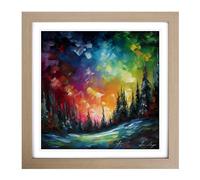 Northern Lights Palette Knife Painting No.3 Framed Print | 18x18 Inch Oak Framed Wall Art | Ready to Hang | Modern Landscape Picture | Living Room Bedroom Lounge Office