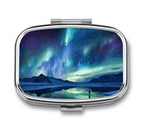 Northern Lights Pill Box 2 Compartment Portable Travel Pill Case with Mirror Square Metal Medicines Storage Container Pocket Medicine Box to Hold Vitamins Fish Oil