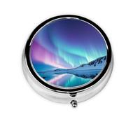 Northern Lights Pill Box with Mirror, 3 Compartment Small Pill Case for Purse Or Pocket Mini Metal Pill Holder Travel Weekly Medicine Tablet Vitamin Holder Organizer Travel Gifts