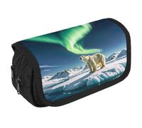 Northern Lights Polar Bear Pencil Case Organizer - Large Capacity 3 Compartment Pencil Pouch for Adults, Portable Makeup Bag & Aesthetic Stationery Bag with Zipper (8.7x4.3") Unisex Gift