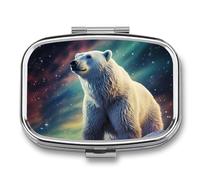 Northern Lights Polar Bear Pill Box 2 Compartments Portable Travel Pill Case Mini Medicine Organizer for Pocket Purse Metal Waterproof Medicine Container Holder Vitamin Fish Oil