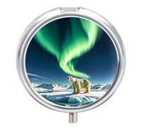 Northern Lights Polar Bear Pill Box Waterproof Portable Medicine Pill Case Moisture Proof Metal Travel Pill Box with 3 Compartment Medicine Case