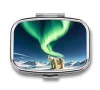 Northern Lights Polar Bear pilldispenser with Mirror 2 Compartments Waterproof PillCase for Purse Pocket Non-Slip Grip Travel Medicine Organizer Container Box for Vitamin Fish Oil Supplement