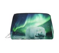 Northern Lights Polar Bear Print Premium Leather Toiletry Travel Pouch with Waterproof Portable Pouch Open Flat Makeup Bag