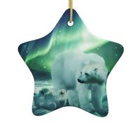 Northern Lights Polar Bear Printed Christmas Tree Ceramic Ornament - Star Shaped Holiday Decoration, Xmas Hanging Keepsake