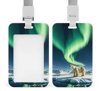 Northern Lights Polar Bear Retractable ID Badge Holder with Lanyard - Vertical Badge Reel,Keychain Clip,Name Tag Id Card Holder Protector for Nurse Officer Teacher Security Staff Women Men