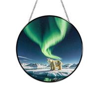 Northern Lights Polar Bear Stained Glass Window Hanging Sign Suncatcher