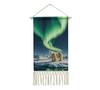 Northern Lights Polar Bear Vertical Wall Hanging Tapestry with Tassels