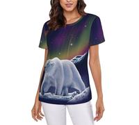 Northern Lights Polar Bear Women's Short-Sleeve T Shirts Classic-Fit Summer Round Neck Tops Black