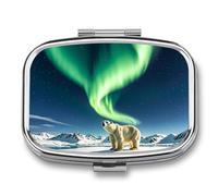 Northern Lights Polar BearPill Organizer with Mirror, 2 Compartment Metal Travel Pill Case, Weekly Medicine Container for Daily Meds, Compact & Artistic Design for Purse, Pocket, Or Wallet