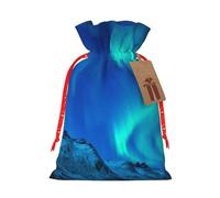 (Northern Lights) Print Christmas New Year Candy Gift Bag, Red Xmas Ribbon Drawstring Bags for Kids Xmas Holiday Eve Presents M Size