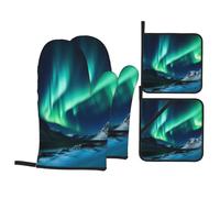 Northern Lights Printed Oven Gloves Potholders Set 4 PCS Heat-Resistant Oven Mitts & Hot Pads for Cooking Baking Grilling BBQ Gift
