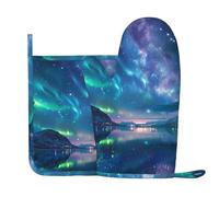 Northern Lights Printed Silicone Oven Gloves and Pot Holder Set of 2 Pcs Heat Resistant Kitchen Right Silicone Gloves and Potholder for Cooking Baking Grilling