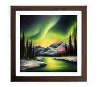 Northern Lights Realism No.2 Framed Print | 18x18 Inch Walnut Framed Wall Art | Ready to Hang | Modern Landscape Picture | Living Room Bedroom Lounge Office