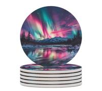 Northern Lights Red Blue Green Round Ceramic Coasters Non-Slip Cork Base Drinks Holder Craft 6PCS