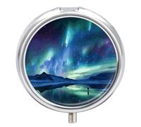 Northern Lights Travel Pill Box Case 3 Compartment Cute Pill Organizer Metal Pill Holder with Mirror Small Medicine Organizer Daily Pill Container for Purse Pocket Portable Meds Box