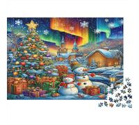 Northern Lights Village Jigsaw Puzzles 1000Pc Recycled Paper Adults Aurora Borealis Christmas Puzzle Impossible Challenge Home Decoration Gifts for Women 70x50cm/1000pcs