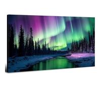 Northern Lights Wall Art Aurora Borealis Canvas Prints Snowy Forest River Scenery Wall Pictures Green Purple Nordic Night Sky Scenic Artwork for Living Room Bedroom Hallway Modern Home Decor 50x100cm