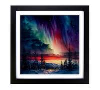 Northern Lights Watercolour Framed Print | 18x18 Inch Black Framed Wall Art | Ready to Hang | Modern Landscape Picture | Living Room Bedroom Lounge Office