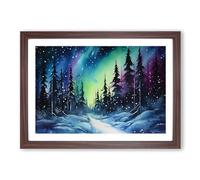 Northern Lights Watercolour No.2 Framed Print | A2 Walnut Framed Wall Art | Ready to Hang | Modern Landscape Picture | Living Room Bedroom Lounge Office