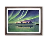 Northern Lights Watercolour Vol.5 Framed Print | A4 Walnut Framed Wall Art | Ready to Hang | Modern Landscape Picture | Living Room Bedroom Lounge Office