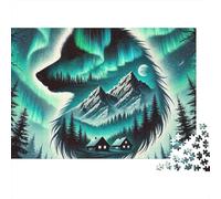 Northern Lights Wolf 1000 Piece Stress Relief Puzzle for Adults Wolf Silhouette with Mountain Aurora Art Premium Sturdy Challenging Relaxation 52x38cm/1000pcs