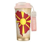 Northern Macedonia Flag Map 316 Stainless Steel Insulated Coffee Mug Vacuum Cup With Leak Proof Lid, Keep Hot Or Cold