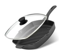 Northriver Casting 10.5 Inch Cast Iron Square Grill Pan with Tempered Glass Lid, Heavy Steak & Bacon Pans for Stove Tops