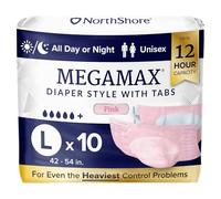 NorthShore MegaMax Adult Overnight Diapers, 12-Hour Tab-Style, Large, 10 Count Bag, Pink, 42-54 inches, Unisex Incontinence Underwear