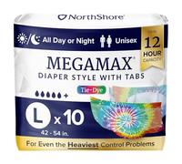 NorthShore MegaMax Adult Overnight Diapers, 12-Hour Tab-Style, Large, 10 Count Bag, Tie-Dye, 42-54 inches, Unisex Incontinence Underwear