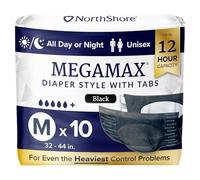 NorthShore MegaMax Adult Overnight Diapers, 12-Hour Tab-Style, Medium, 10 Count Bag, Black, 32-44 inches, Unisex Incontinence Underwear