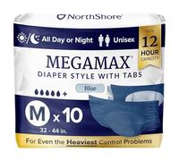 NorthShore MegaMax Adult Overnight Diapers, 12-Hour Tab-Style, Medium, 10 Count Bag, Blue, 32-44 inches, Unisex Incontinence Underwear