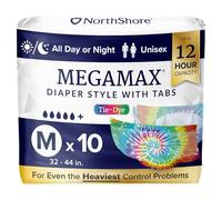 NorthShore MegaMax Adult Overnight Diapers, 12-Hour Tab-Style, Medium, 10 Count Bag, Tie-Dye, 32-44 inches, Unisex Incontinence Underwear