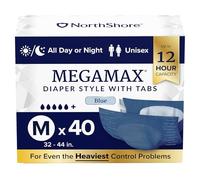 NorthShore MegaMax Adult Overnight Diapers, 12-Hour Tab-Style, Medium, 40 Count Case, Blue, 32-44 inches, Unisex Incontinence Underwear