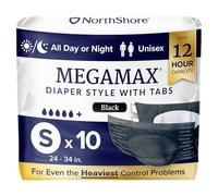 NorthShore MegaMax Adult Overnight Diapers, 12-Hour Tab-Style, Small, 10 Count Bag, Black, 24-34 inches, Unisex Incontinence Underwear